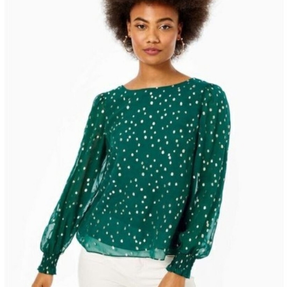 Lilly Pulitzer Idina Silk Top Spruce Green Gold Metallic Dot Blouse XS